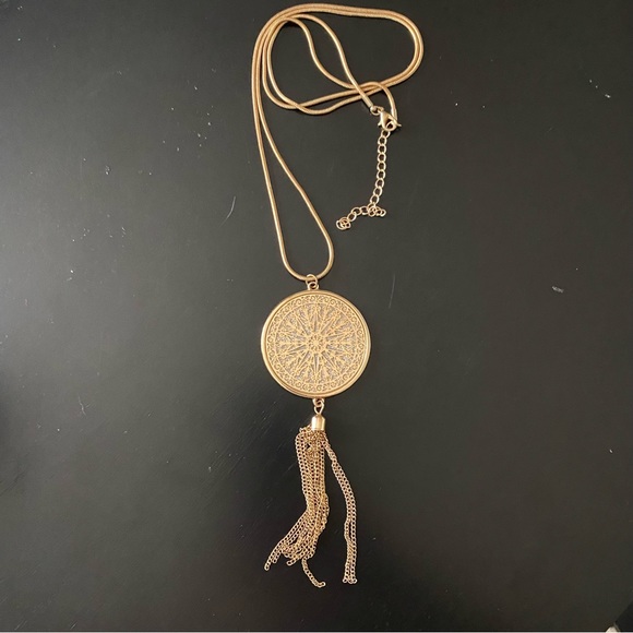 Boho Gold Medallion Necklace w/ Gold Fringe - Picture 2 of 4